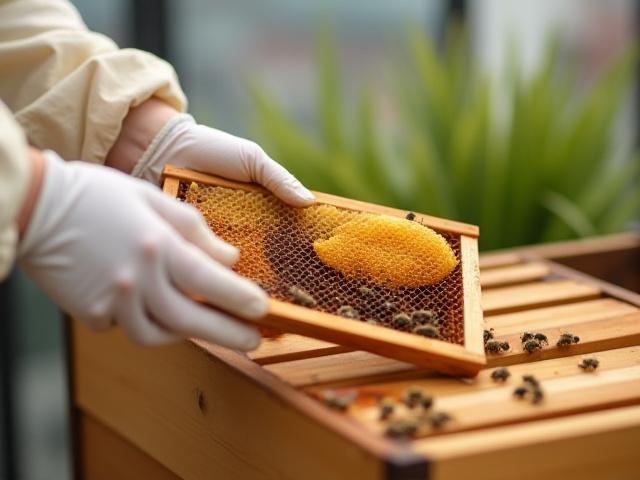 Close-up of Deborah Diana Daugherty gently inspecting her very first urban bee hive, hands gloved.