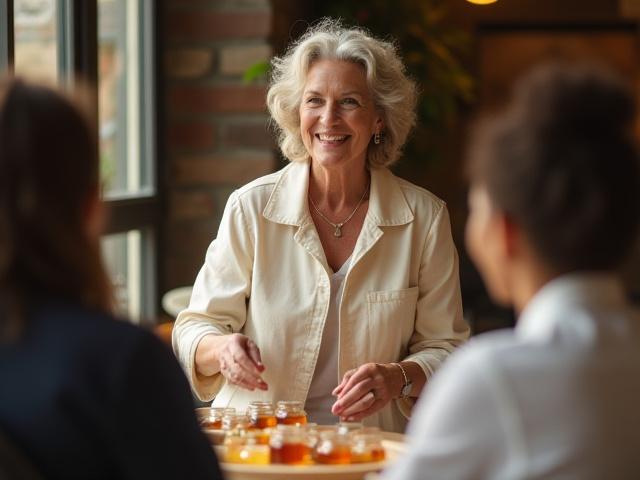 Deborah Diana Daugherty, in her signature beekeeping attire, passionately explaining the nuances of honey to an attentive group of participants at a tasting event.