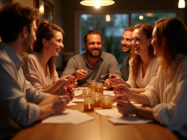 A joyful group of adults gathered around a rustic wooden table, engrossed in a honey tasting, with small glass jars of honey and tasting notes laid out.