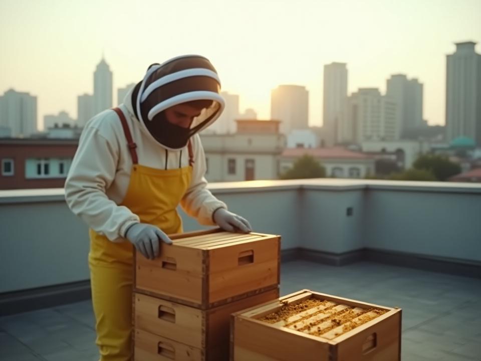 Urban beekeeper installing a beehive on a city rooftop at sunset
