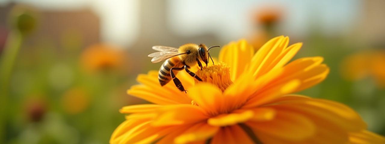 Hopeful image of a bee pollinating a vibrant urban flower in St. Petersburg