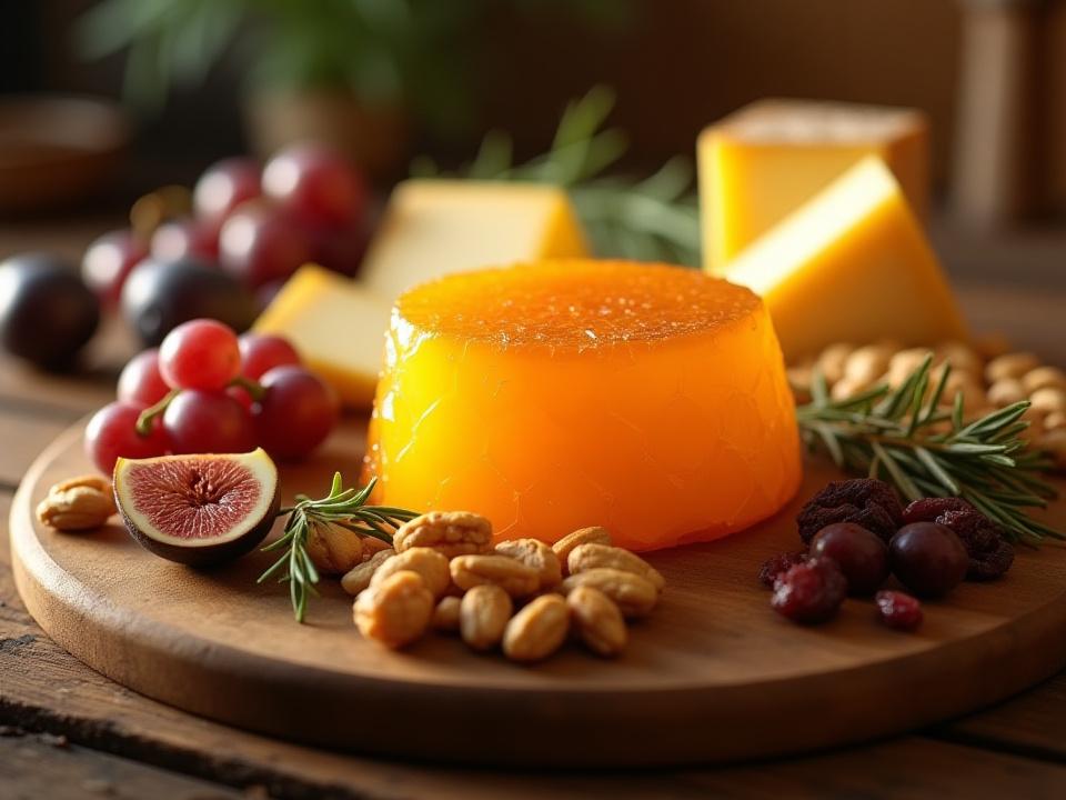 Artfully arranged honeycomb on a wooden cheeseboard with various cheeses, grapes, nuts, and artisanal crackers.