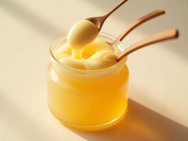 Open jar of creamed raw honey with a spoon, showing its smooth, spreadable texture and creamy color.