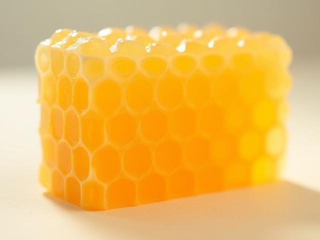 A perfect rectangular cut of raw honeycomb, glistening with pure honey within its hexagonal cells.