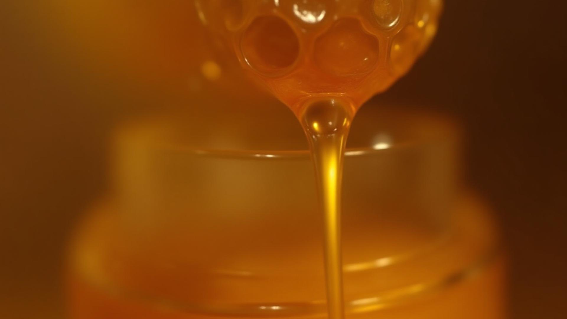 Macro shot of golden raw honey smoothly dripping from a detailed, golden honeycomb into a glistening jar, highlighting its pure, unfiltered texture.