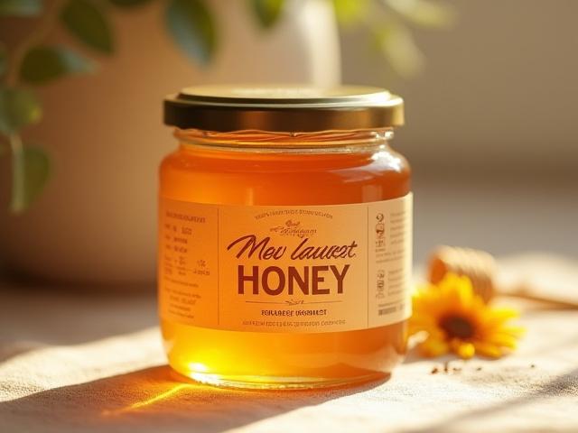 Jar of St. Pete Wildflower Raw Honey, golden and cloudy, sitting on a natural wood surface.