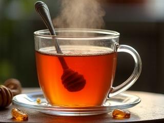 A warm cup of herbal tea with a spoonful of honey dissolving gently.