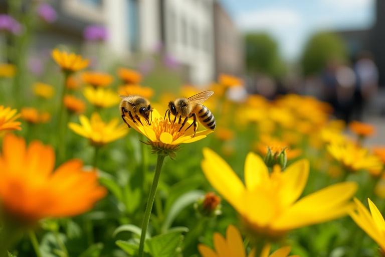 Close-up of bustling bees on a rooftop garden, with vibrant herbs and flowers surrounding an urban beehive, hinting at a restaurant or business building in the background.