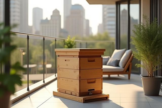 A modern, aesthetically pleasing beehive neatly integrated onto a spacious urban balcony, surrounded by potted plants, demonstrating city beekeeping.