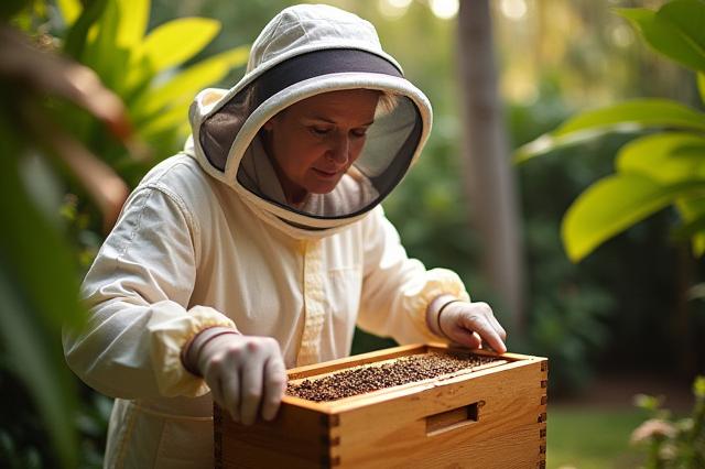 Deborah Diana Daugherty, wearing protective gear, gently inspecting a beehive in a lush, green residential backyard in Saint Petersburg.